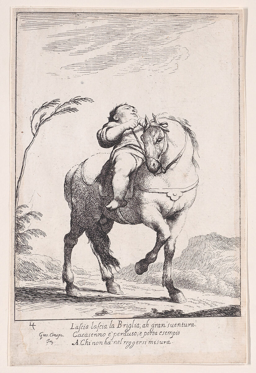Plate 18: Cacasenno on horseback, from "Bertoldo, Bertoldino, and Cacasenno", Giuseppe Maria Crespi (Italian, Bologna 1665–1747 Bologna), Etching 