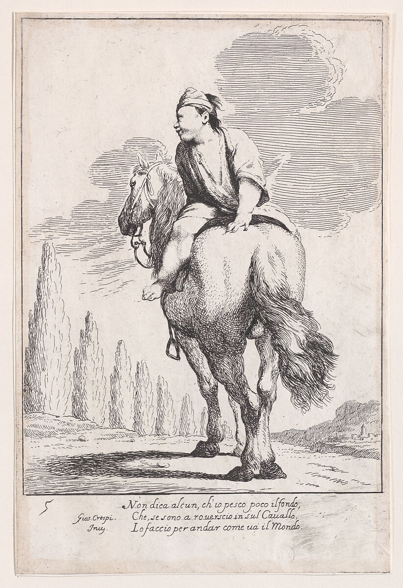 Plate 19: Cacasenno riding a horse backwards, from "Bertoldo, Bertoldino, and Cacasenno", Giuseppe Maria Crespi (Italian, Bologna 1665–1747 Bologna), Etching 