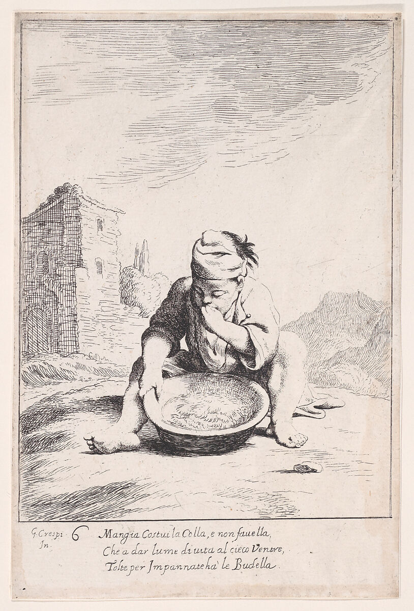 Plate 20: Cacasenno eating a bowl of pasta, from "Bertoldo, Bertoldino, and Cacasenno", Giuseppe Maria Crespi (Italian, Bologna 1665–1747 Bologna), Etching 