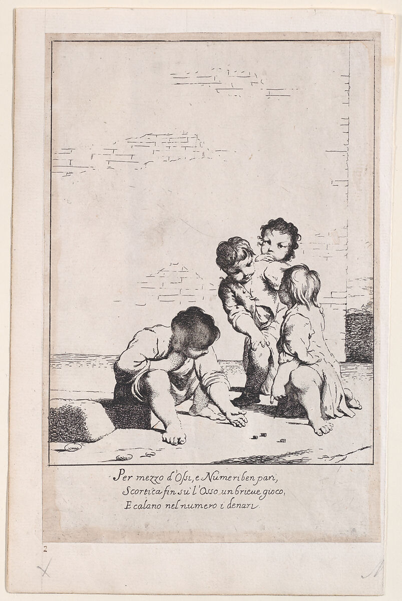 Four children playing dice, Giuseppe Maria Crespi (Italian, Bologna 1665–1747 Bologna), Etching 