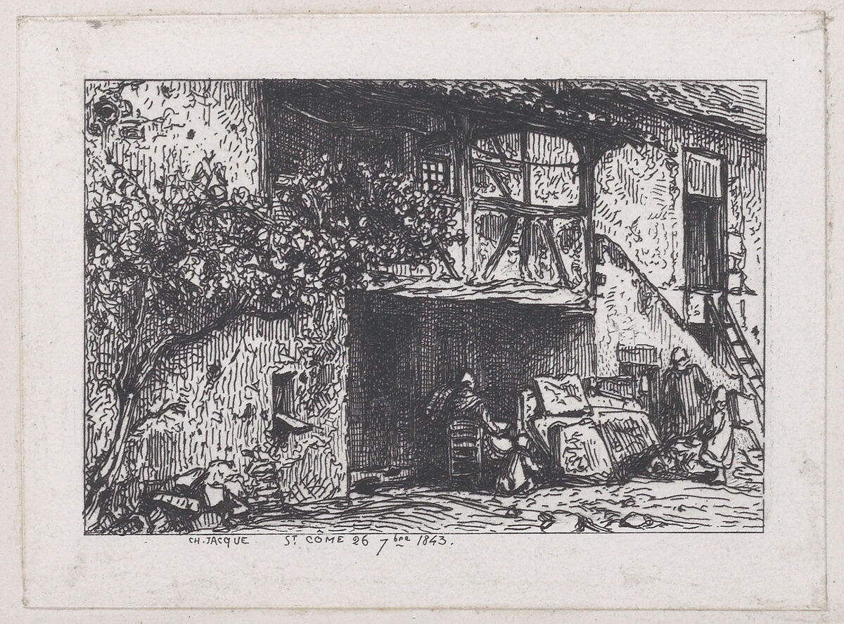 House at Saint-Cômte and Drinker at the Barrel, Charles Jacque (French, Paris 1813–1894 Paris), Etching 