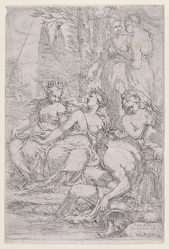 Five muses and a seated river god
