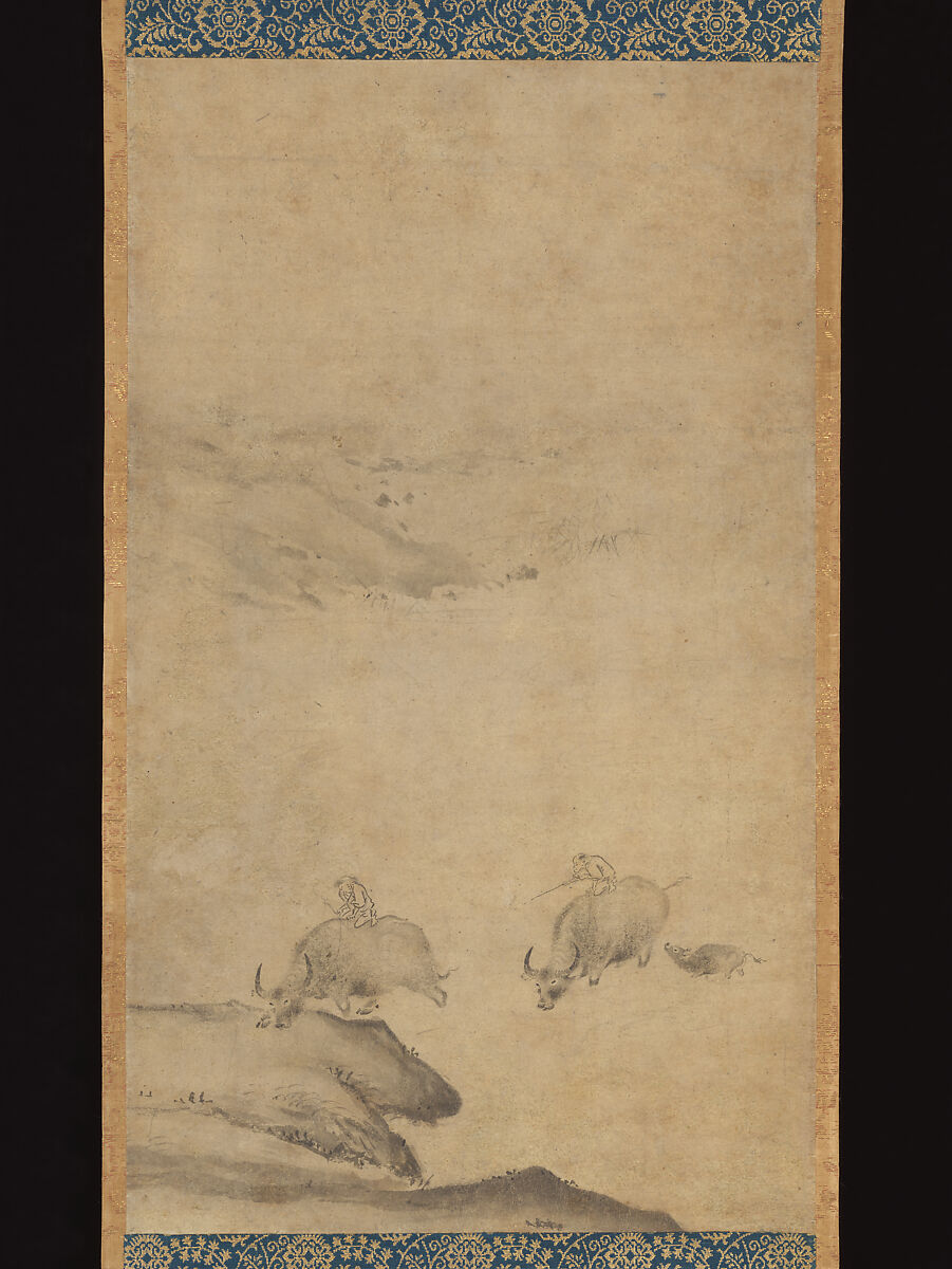 Herdboys and Buffalos, Attributed to Kaō (Japanese, died 1345), Hanging scroll; ink on paper, Japan 