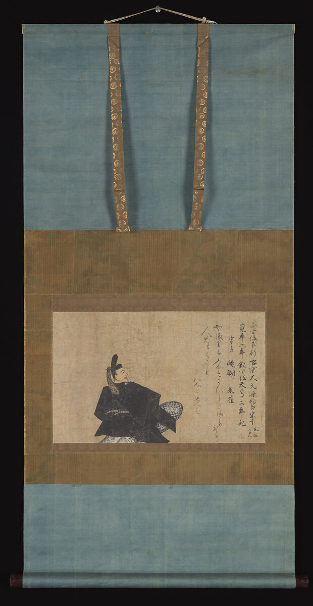 Portrait of Minamoto no Muneyuki, from the “Fujifusa Version of the Handscroll of Thirty-Six Poetic Immortals”, Inscription traditionally attributed to Emperor Godaigo (Japanese, 1288–1339), Hanging scroll; ink and color on paper, Japan