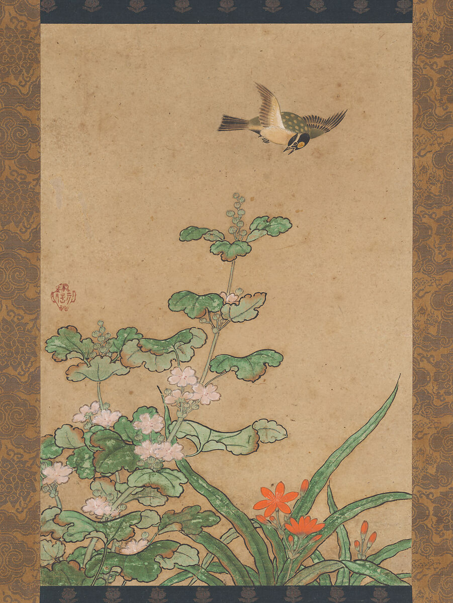 Birds and Flowers, Traditionally attributed to Kano Motonobu (Japanese, 1477–1559), Set of three hanging scrolls; ink and color on paper, Japan