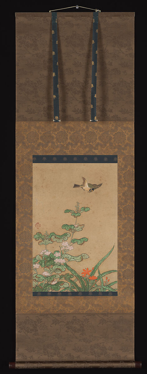 Birds and Flowers, Traditionally attributed to Kano Motonobu (Japanese, 1477–1559), Set of three hanging scrolls; ink and color on paper, Japan