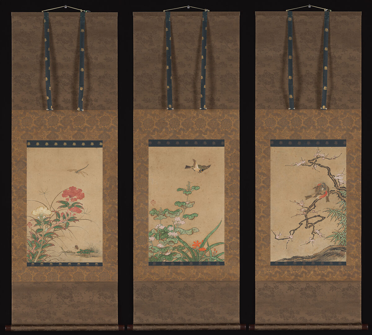 Birds and Flowers, Traditionally attributed to Kano Motonobu (Japanese, 1477–1559), Set of three hanging scrolls; ink and color on paper, Japan