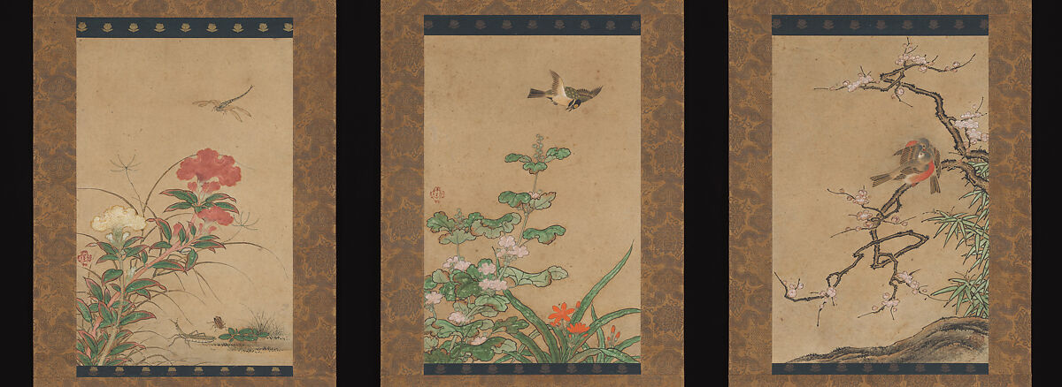 Birds and Flowers, Traditionally attributed to Kano Motonobu (Japanese, 1477–1559), Set of three hanging scrolls; ink and color on paper, Japan 