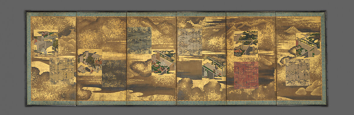 Scenes and Calligraphic Excerpts from The Tale of Genji, Paintings by an artist or artists of the Tosa School, Pair of six-panel folding screens; ink, color, and gold on decorated-paper shikishi (poetry cards), Japan
