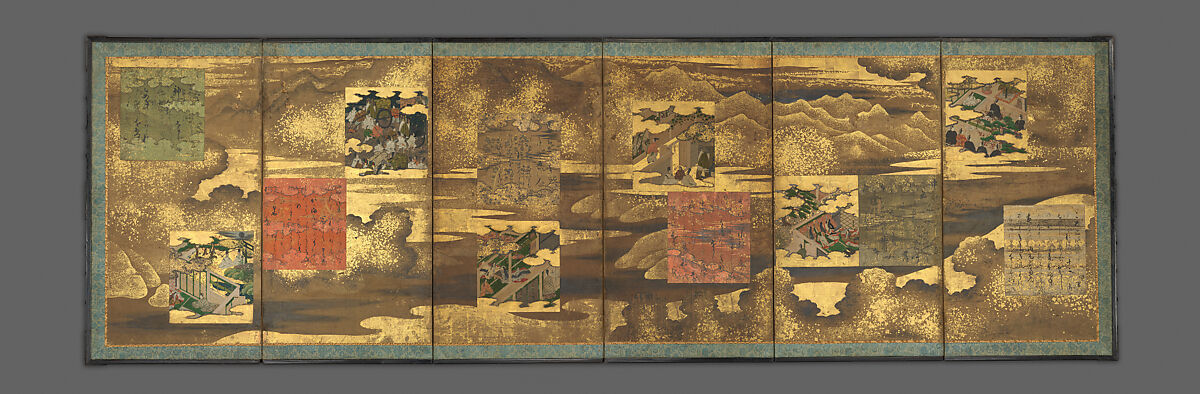Tale of Genji Screen (Genji monogatari zu shikishi harimaze byōbu), Tosa School artist, Pair of six-panel folding screens; ink, color, and gold on paper, Japan 