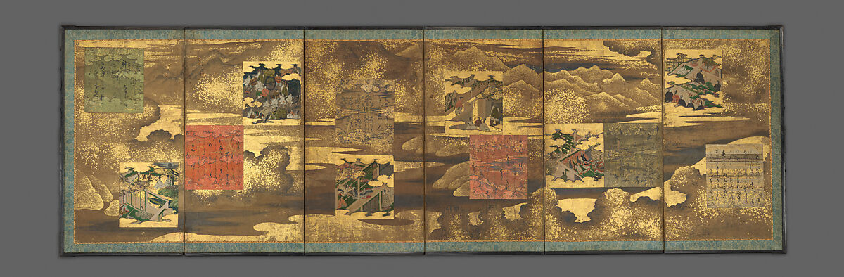 Scenes and Calligraphic Excerpts from The Tale of Genji, Paintings by an artist or artists of the Tosa School, Pair of six-panel folding screens; ink, color, and gold on decorated-paper shikishi (poetry cards), Japan 