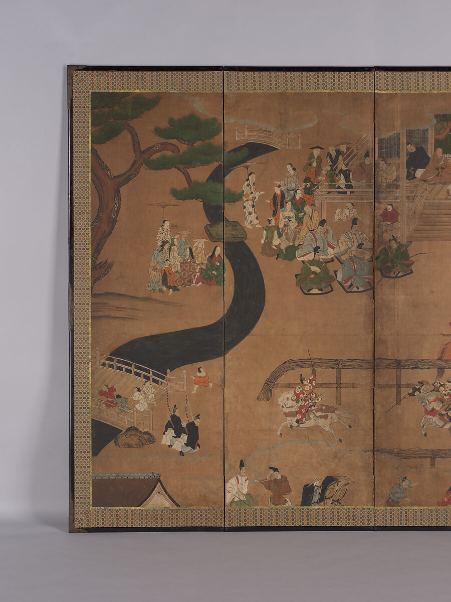 Horse Race at the Kamo Shrine, Unidentified Artist, Six-panel folding screen; ink, color, silver, and gold leaf on paper, Japan