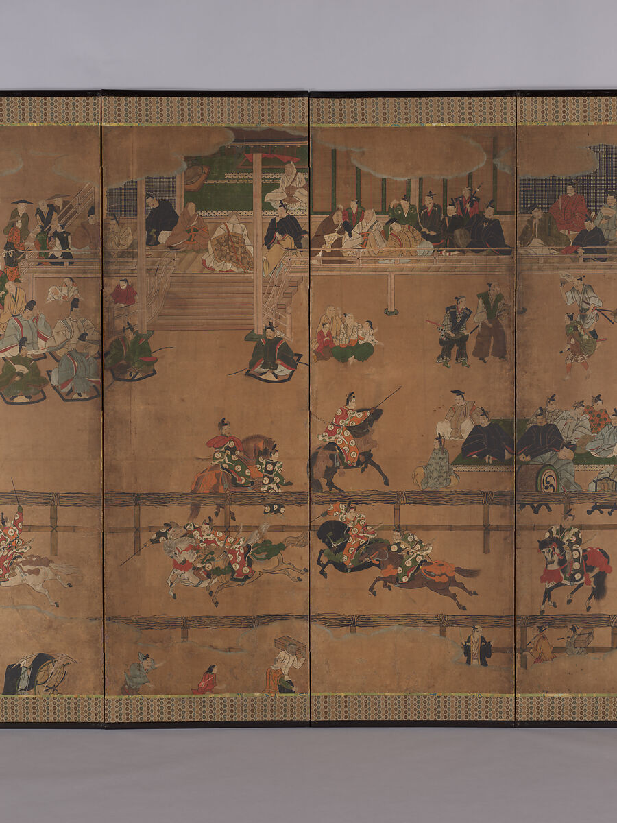 Horse Race at the Kamo Shrine, Unidentified Artist, Six-panel folding screen; ink, color, silver, and gold leaf on paper, Japan