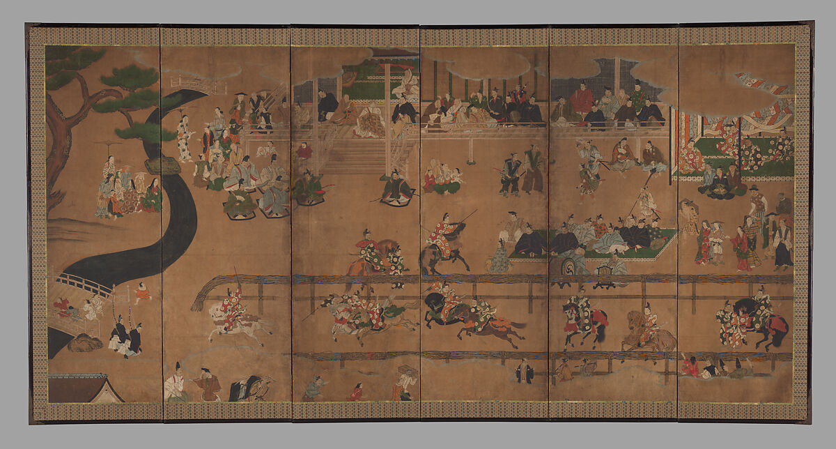 Horse Race at the Kamo Shrine (Kamo kurabeuma zu), Unidentified Artist, Six-panel folding screen; ink and color on paper, Japan 