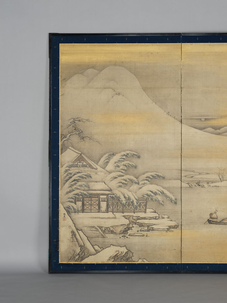Wang Ziyou Visiting Dai Andao on a Snowy Evening (Ō Shiyū hō Tai Andō zu), Kano Sansetsu (Japanese, 1590–1651), Two-panel folding screen; ink and gold on paper, Japan