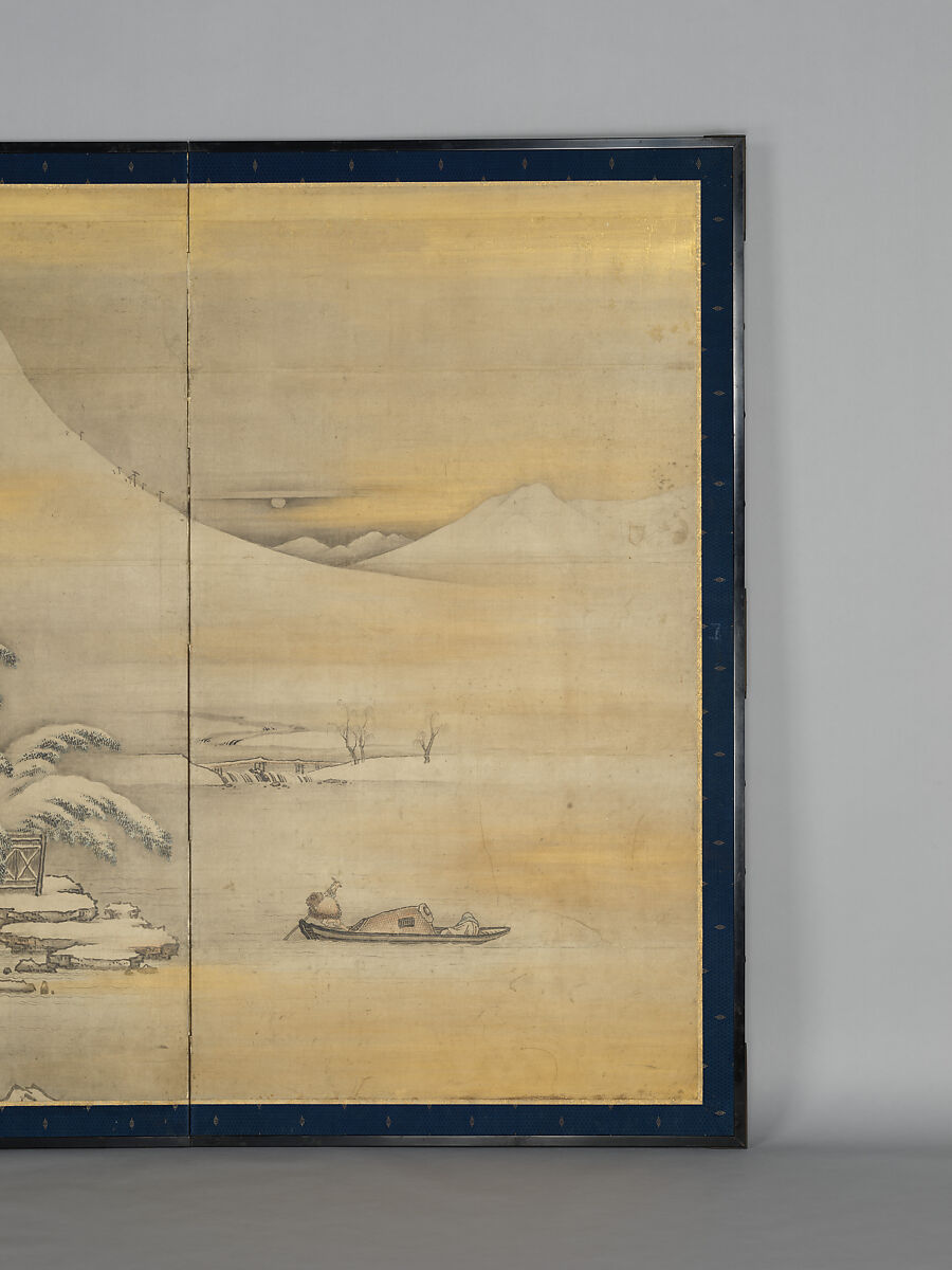 Wang Ziyou Visiting Dai Andao on a Snowy Evening (Ō Shiyū hō Tai Andō zu), Kano Sansetsu (Japanese, 1590–1651), Two-panel folding screen; ink and gold on paper, Japan