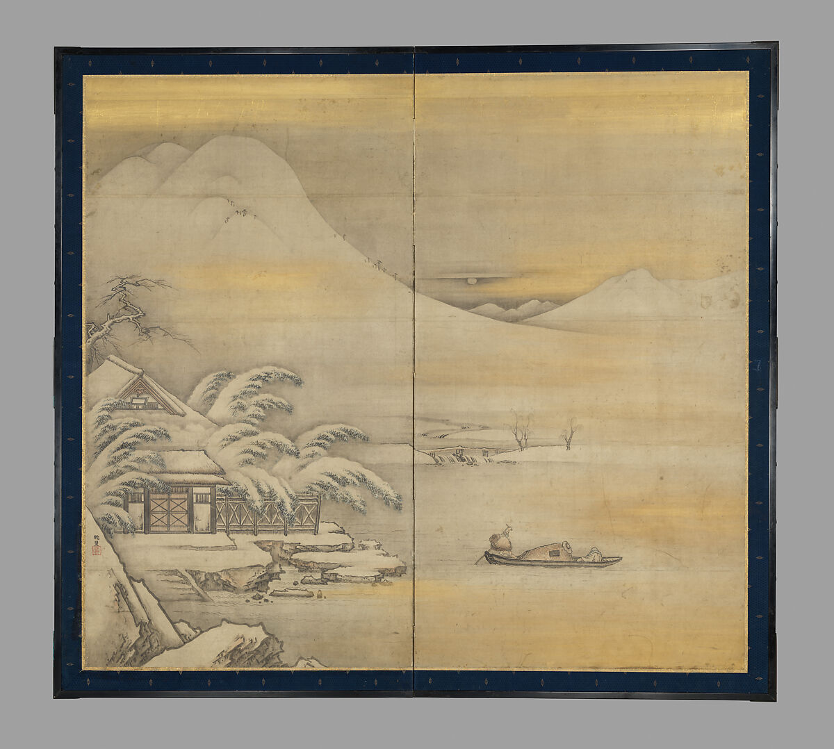 Wang Ziyou Visiting Dai Andao on a Snowy Evening (Ō Shiyū hō Tai Andō zu), Kano Sansetsu (Japanese, 1590–1651), Two-panel folding screen; ink and gold on paper, Japan 