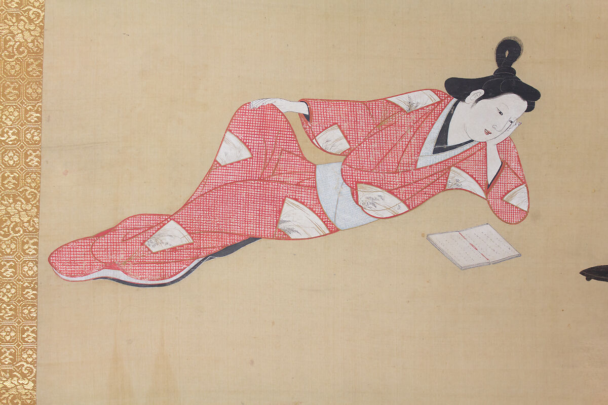 A Courtesan Reading a Book, Unidentified Artist, ca. 1655–61, Hanging scroll; ink and color on silk, Japan