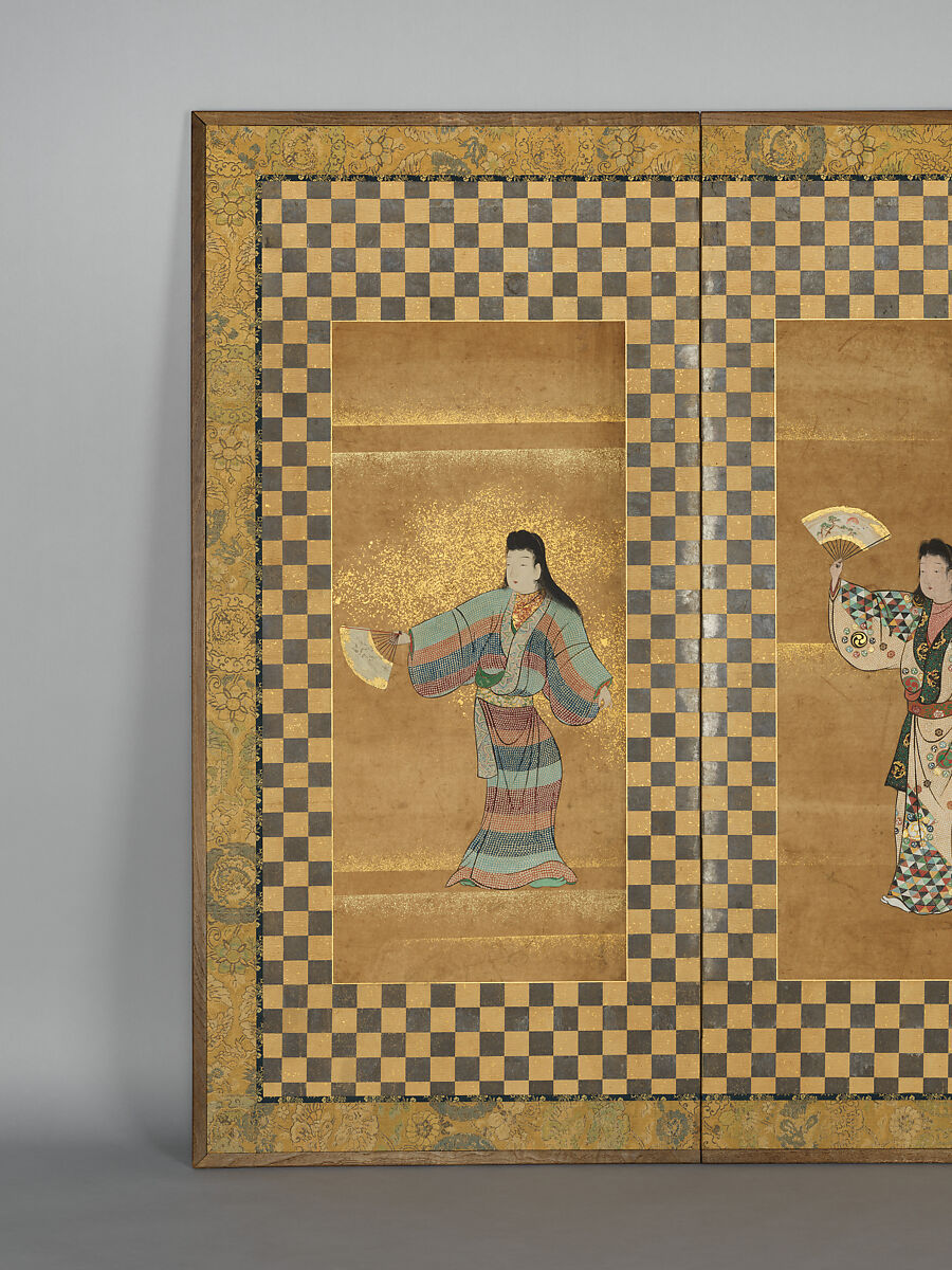 Screen of Two Dancers (Bugi zu byōbu), Unidentified Artist, Two-panel folding screen; ink, color, and gold on paper, Japan