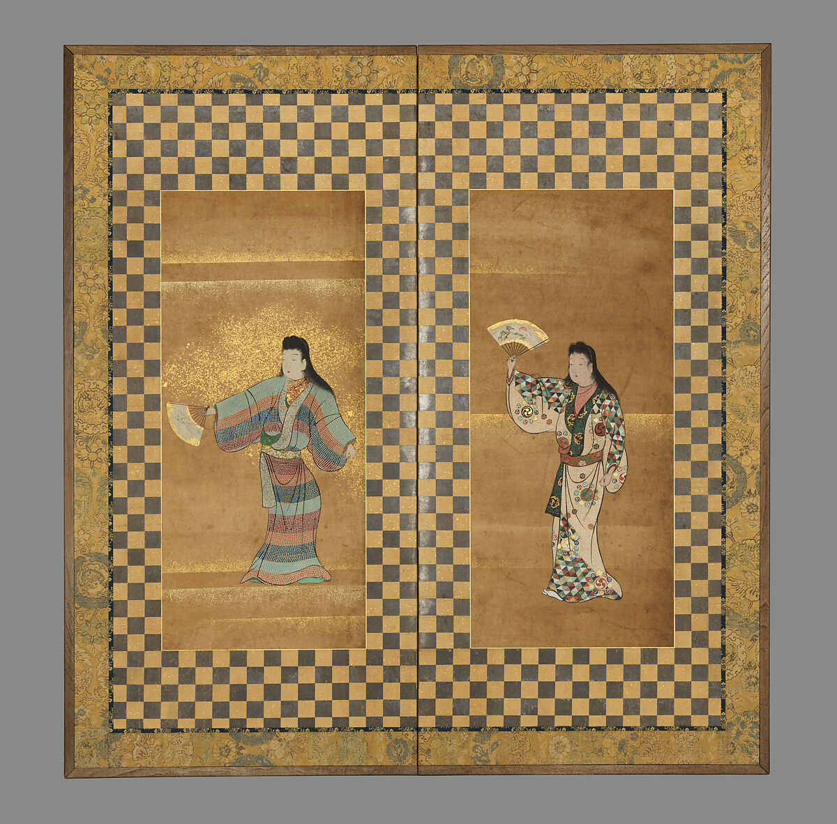 Screen of Two Dancers (Bugi zu byōbu), Unidentified Artist, Two-panel folding screen; ink, color, and gold on paper, Japan 