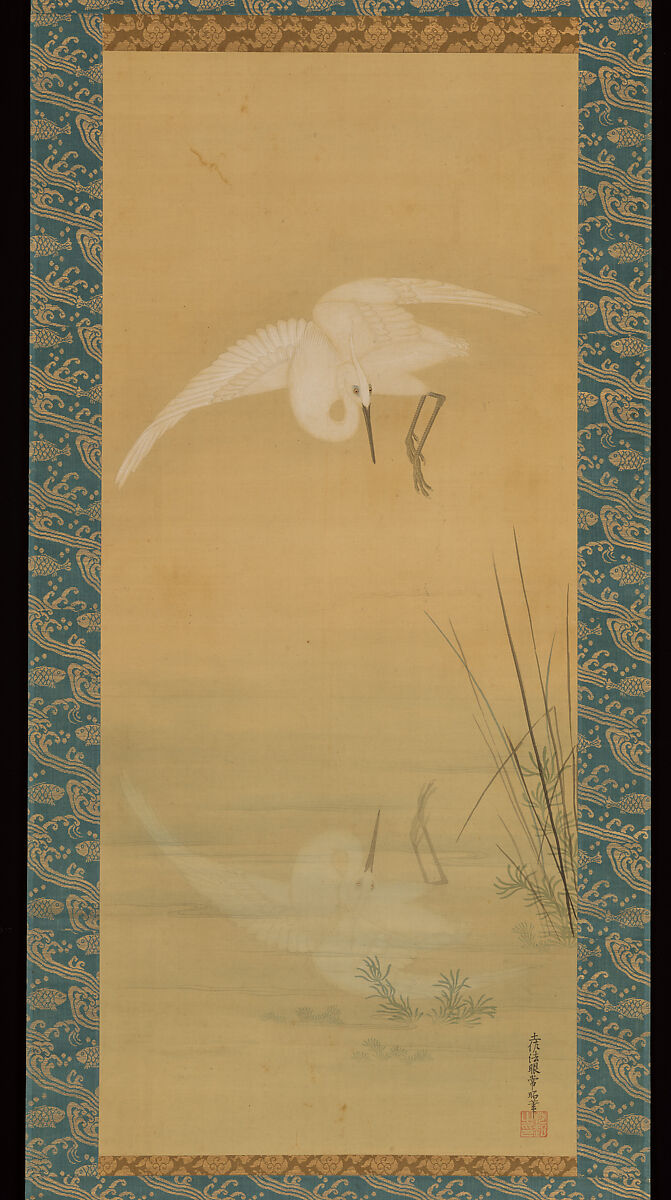 Heron, Tosa Mitsuoki (Japanese, 1617–1691), Hanging scroll; ink and color on silk, Japan 