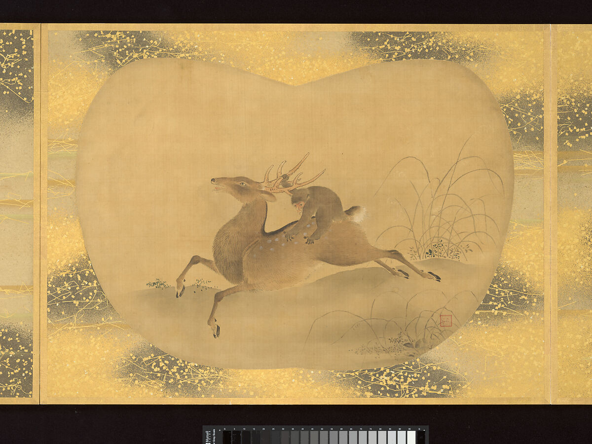 Album of Fan-Shaped Paintings of Figures, Birds and Flowers, Kano Tsunenobu (Japanese, 1636–1713), Album of twelve double leaves; ink and color on silk, Japan