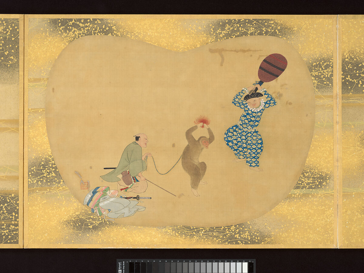 Album of Fan-Shaped Paintings of Figures, Birds and Flowers, Kano Tsunenobu (Japanese, 1636–1713), Album of twelve double leaves; ink and color on silk, Japan 