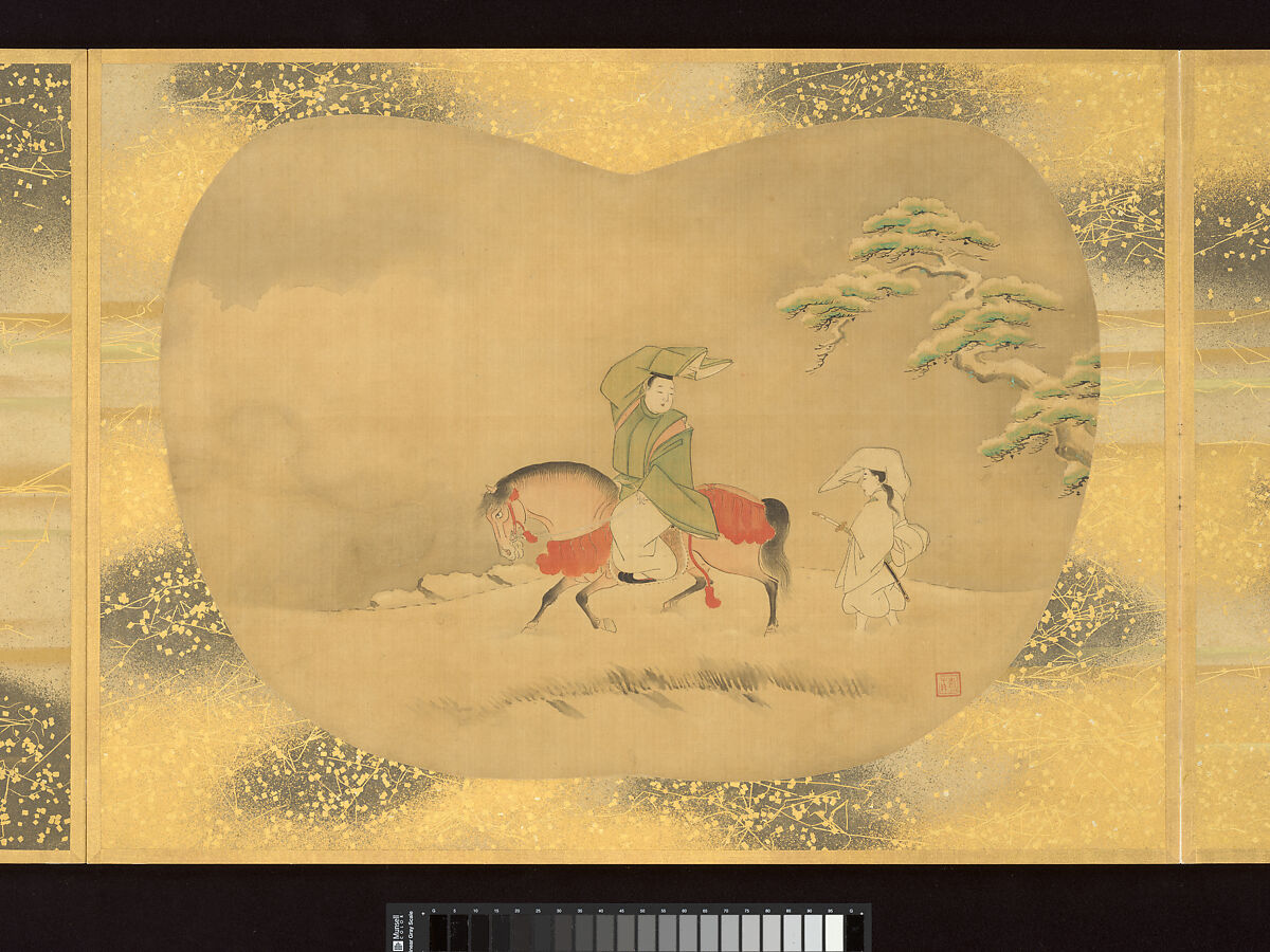 Album of Fan-Shaped Paintings of Figures, Birds and Flowers, Kano Tsunenobu (Japanese, 1636–1713), Album of twelve double leaves; ink and color on silk, Japan