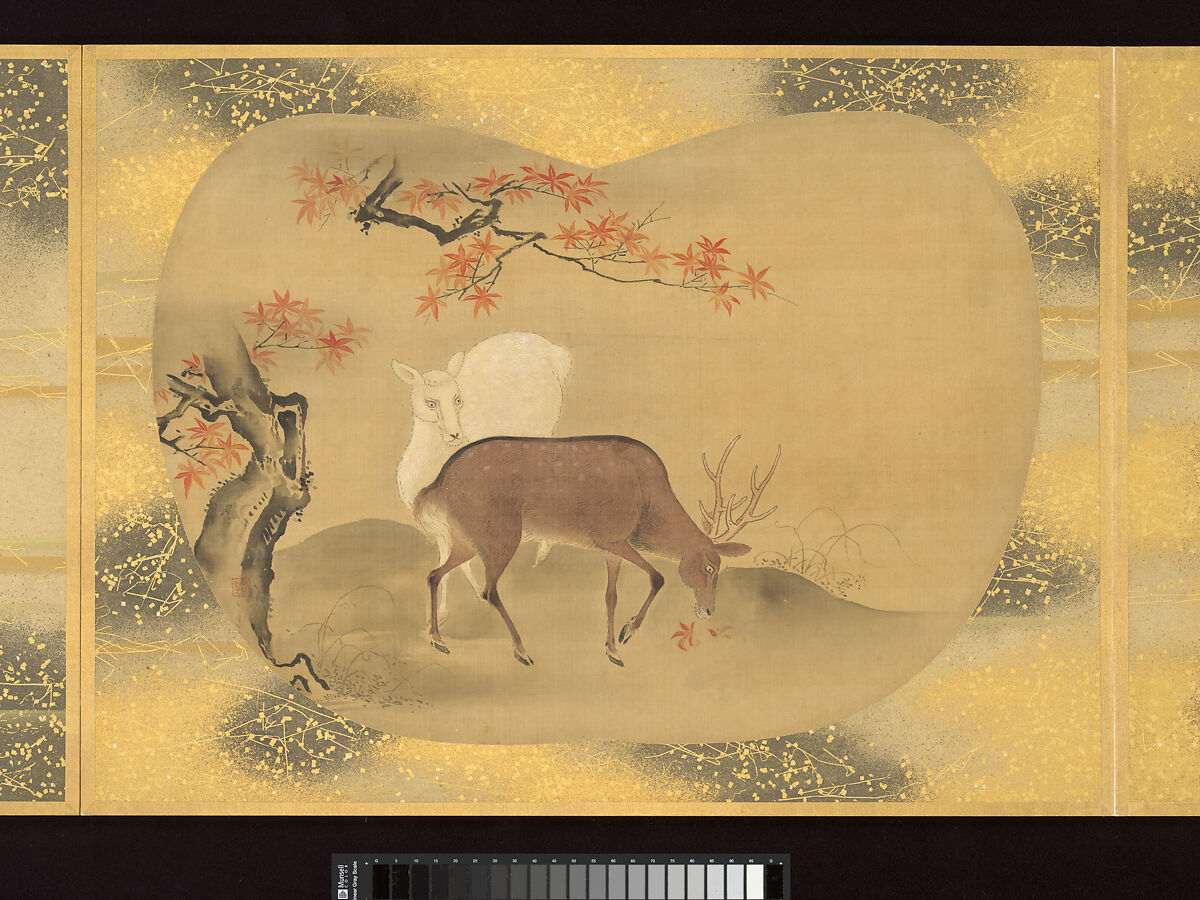 Album of Fan-Shaped Paintings of Figures, Birds and Flowers, Kano Tsunenobu (Japanese, 1636–1713), Album of twelve double leaves; ink and color on silk, Japan