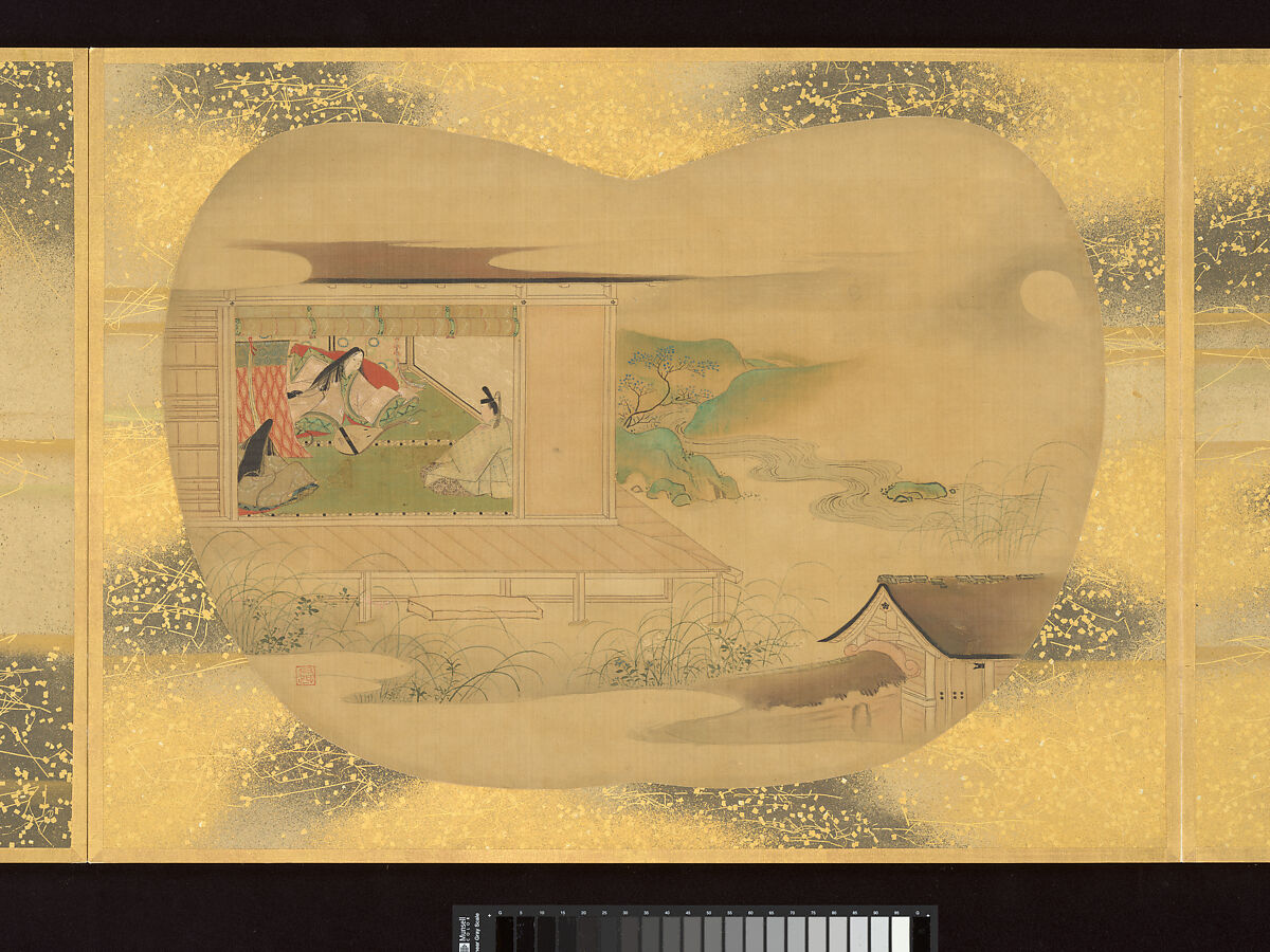 Album of Fan-Shaped Paintings of Figures, Birds and Flowers, Kano Tsunenobu (Japanese, 1636–1713), Album of twelve double leaves; ink and color on silk, Japan