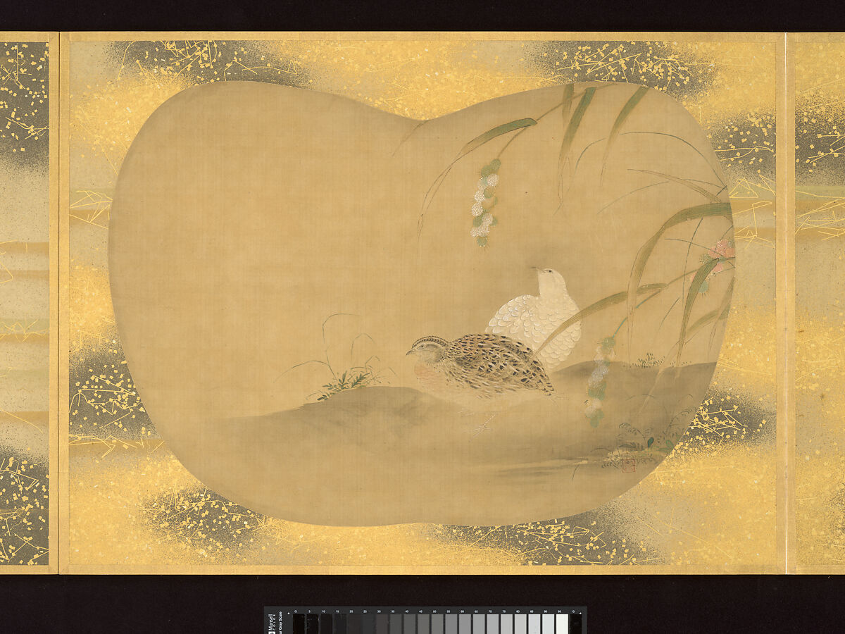 Album of Fan-Shaped Paintings of Figures, Birds and Flowers, Kano Tsunenobu (Japanese, 1636–1713), Album of twelve double leaves; ink and color on silk, Japan