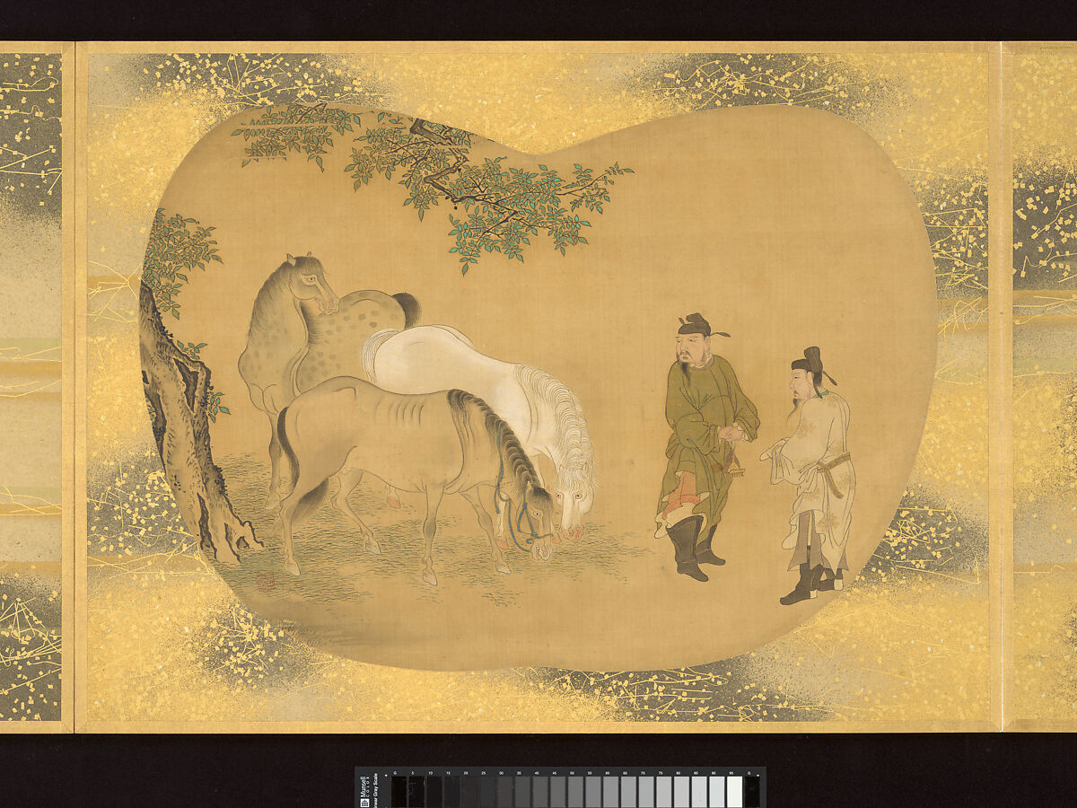 Album of Fan-Shaped Paintings of Figures, Birds and Flowers, Kano Tsunenobu (Japanese, 1636–1713), Album of twelve double leaves; ink and color on silk, Japan