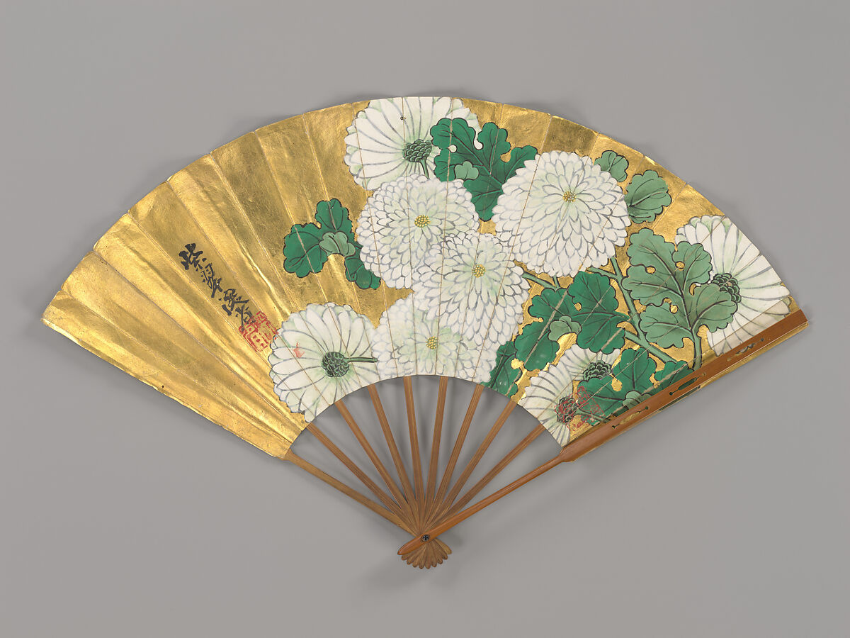 Chrysanthemum, Ogata Kenzan (Japanese, 1663–1743), Fan; ink and color on gold-leafed paper, Japan