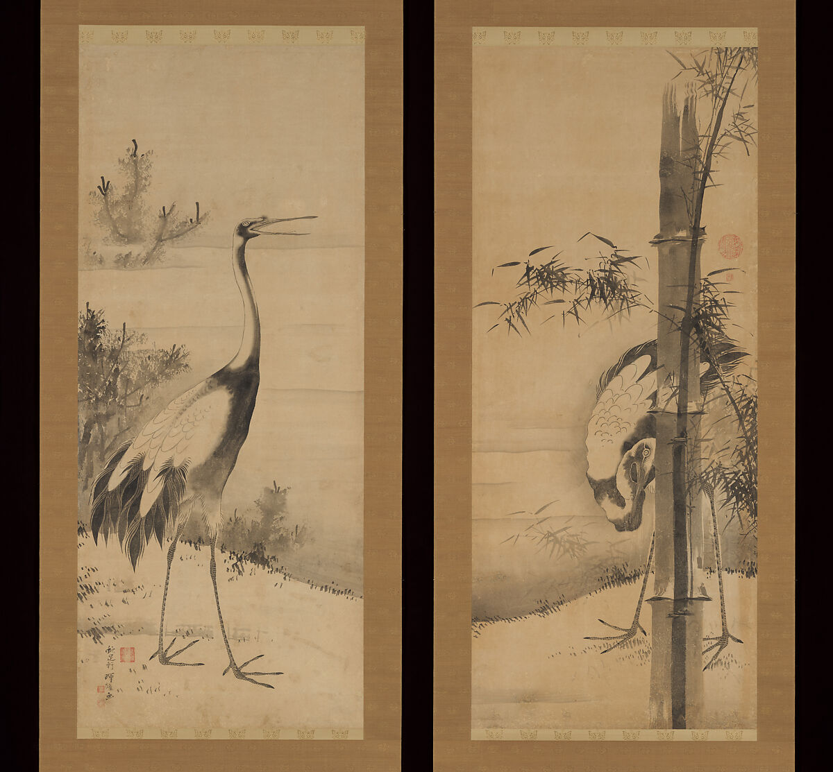 Cranes, Soga Shōhaku 曾我蕭白 (Japanese, 1730–1781), Pair of hanging scrolls; ink on paper, Japan 