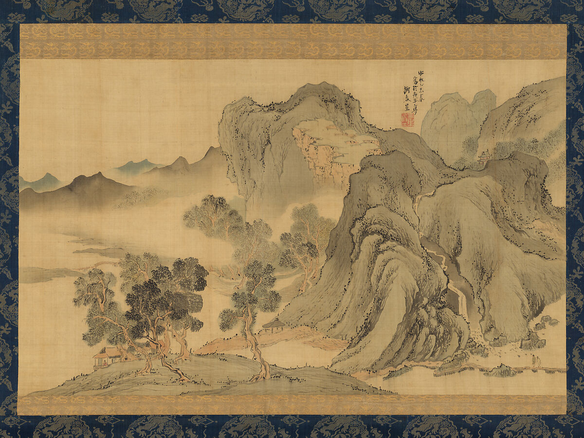 Landscape in Light Colors, Yosa Buson (Japanese, 1716–1783), Hanging scroll; ink and light color on silk, Japan 