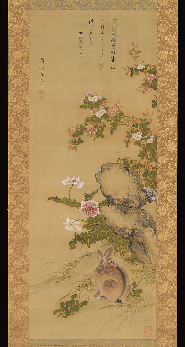Rabbit and Roses, Mori Ransai (Japanese, 1731–1801), Hanging scroll; ink and color on silk, Japan 