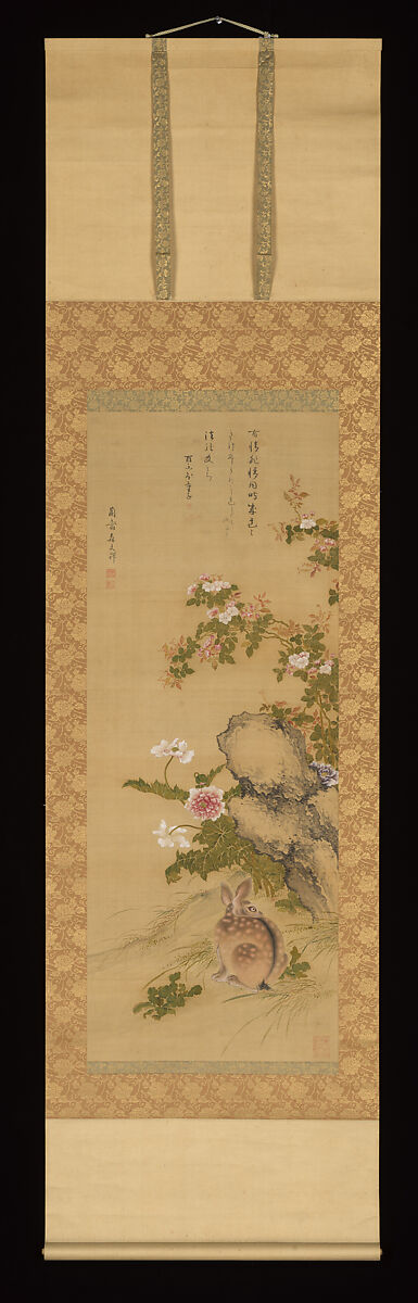 Rabbit and Roses, Painting by Mori Ransai (Japanese, 1731–1801), Hanging scroll; ink and color on silk, Japan