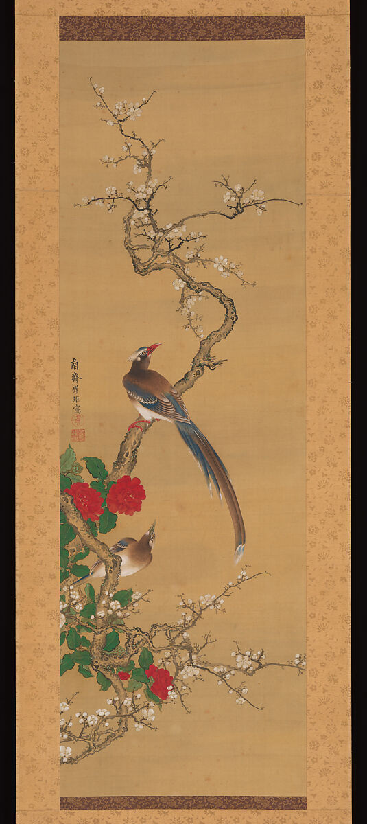 Birds on a PlumTree, Kishi Ganku (Japanese, 1749–1838), Hanging scroll; ink and color on silk, Japan 