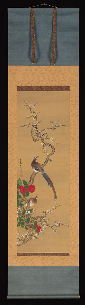 Birds on a PlumTree, Gan Ku (Japanese, 1749–1838), Hanging scroll; ink and color on silk, Japan