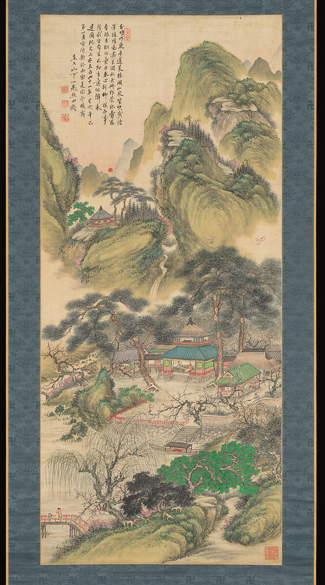 Spring Sunrise at Hōrai, Tanomura Chokunyū (Japanese, 1814–1907), Hanging scroll; ink and color on satin, Japan 