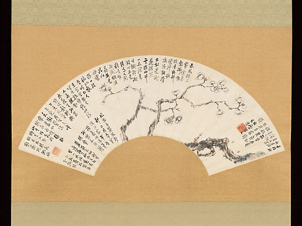 Plum, Hashimoto Kansetsu 橋本関雪 (Japanese, 1883–1945), Fan mounted as hanging scroll; ink and light color on paper, Japan 