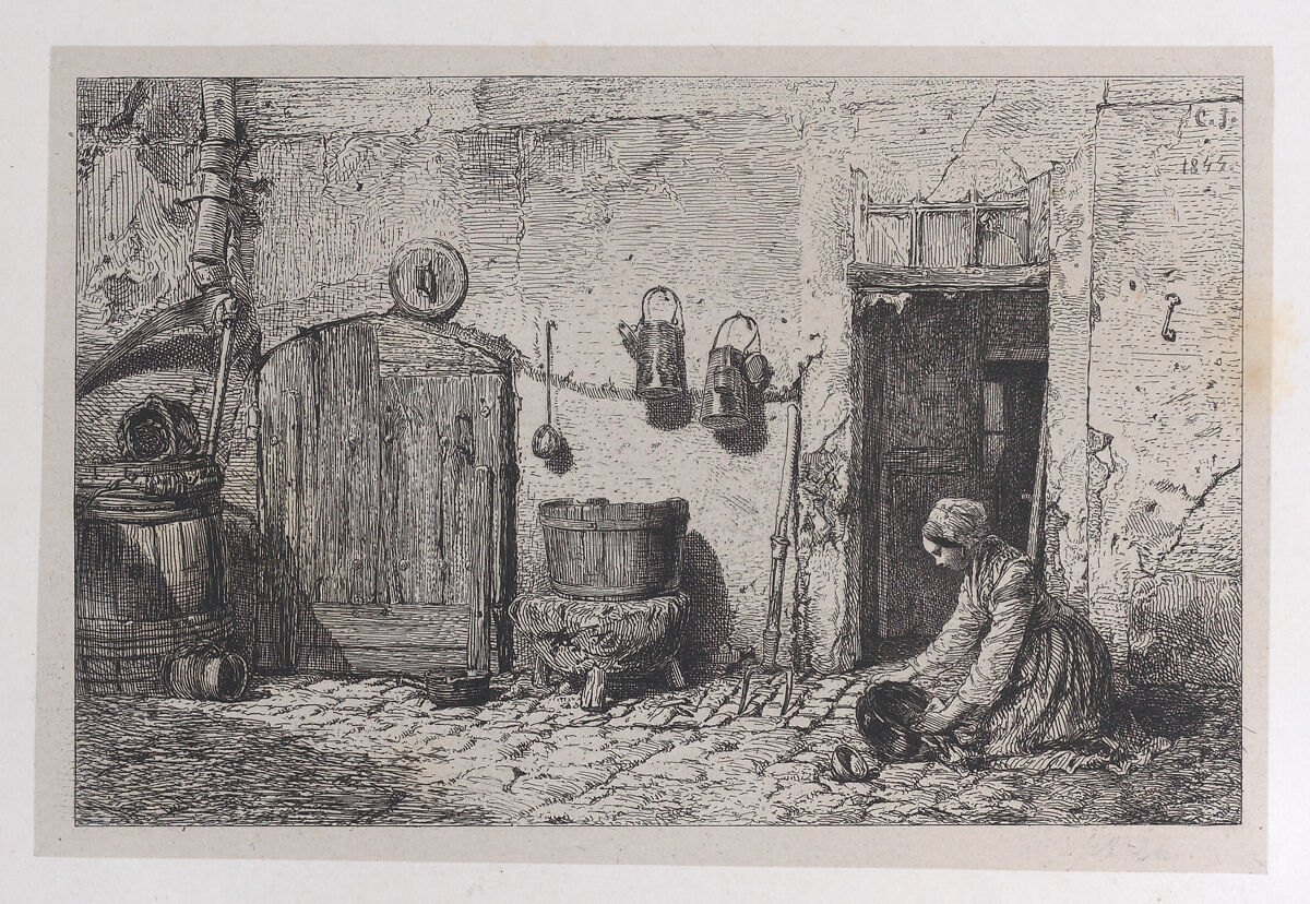 Scrubbing Woman, Charles Jacque (French, Paris 1813–1894 Paris), Etching 