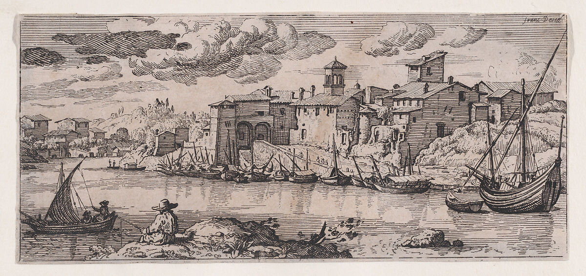 Fishermen on a river across from a town, Anonymous (Desiderio da Pistoja), Etching 