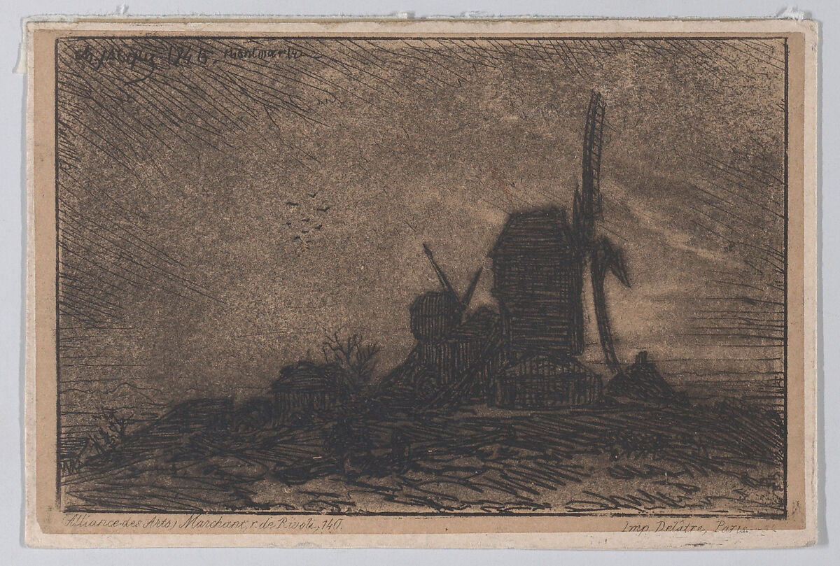 Two Windmills in Montmartre, Charles Jacque (French, Paris 1813–1894 Paris), Etching 