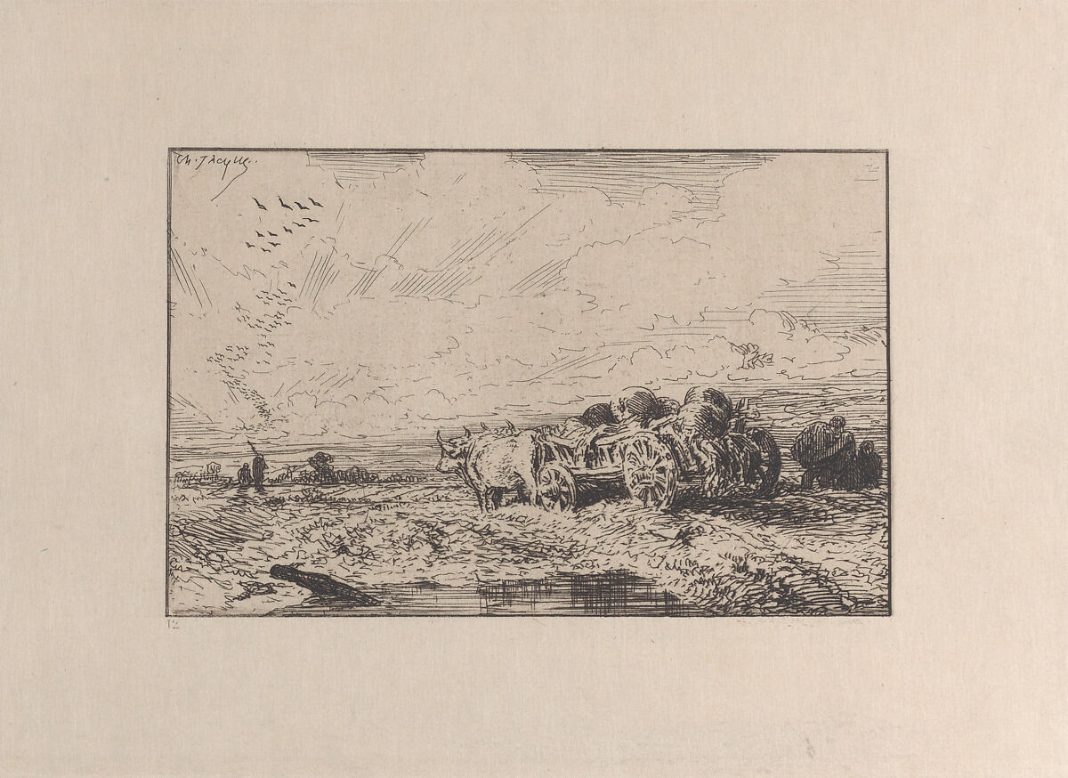 Landscape with a Cart Pulled by Oxen, Charles Jacque (French, Paris 1813–1894 Paris), Etching 
