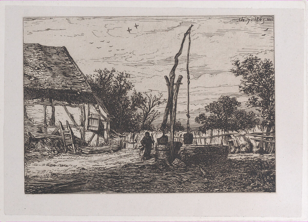 Landscape with Well, Charles Jacque (French, Paris 1813–1894 Paris), Etching 