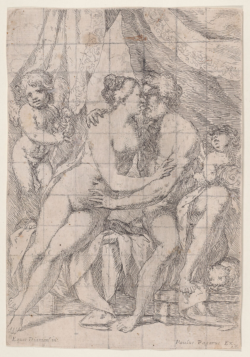 Venus and Mars embracing with a putto to either side, Giuseppe Diamantini (Italian, Fossombrone 1621–1705 Fossombrone), Etching, squared in black chalk; second state of two 