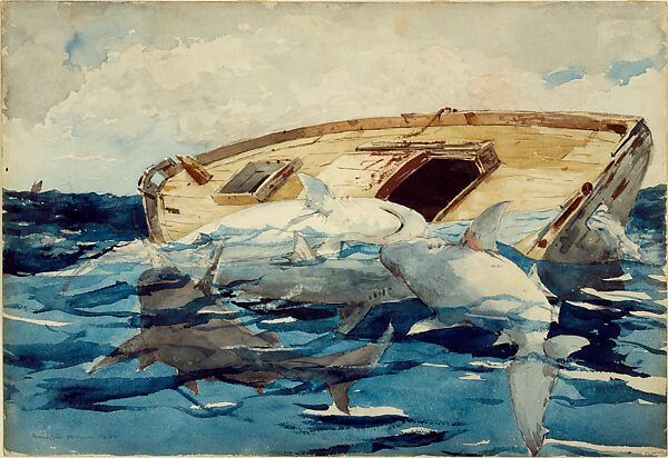 Sharks (The Derelict), Winslow Homer  American, Watercolor and graphite on wove paper, American