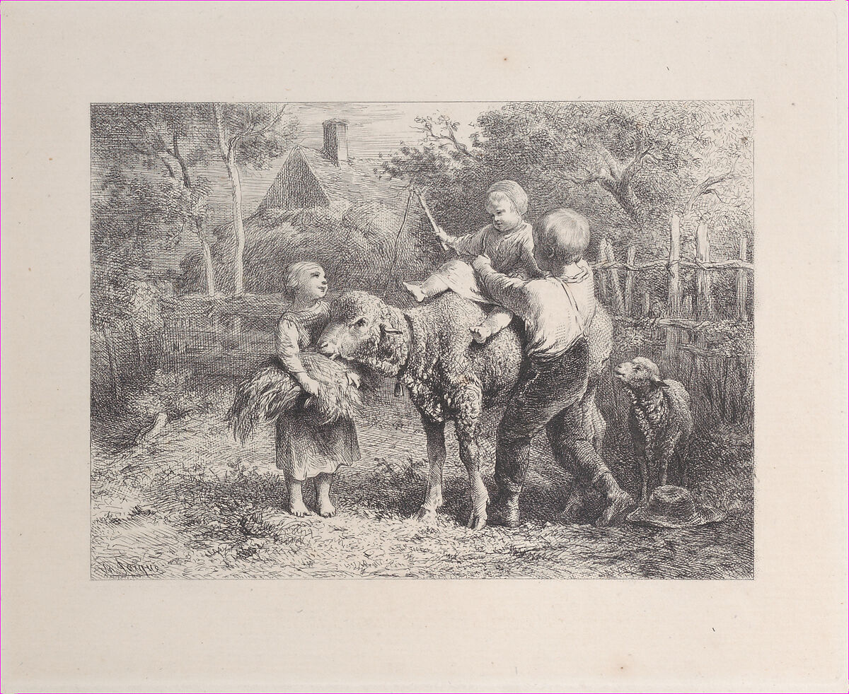 First Riding Lesson, Charles Jacque (French, Paris 1813–1894 Paris), Etching 