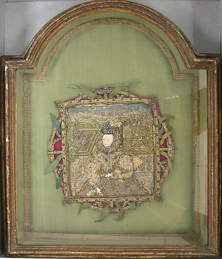 Elizabeth I in a Garden, Satin worked with silk, precious metal-wrapped threads, seed pearls, spangles and glass beads; watercolor on vellum, human hair.